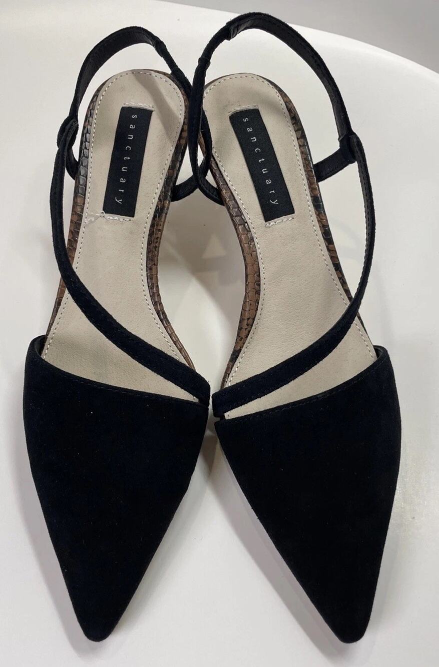 Sanctuary Pumped Up Asymmetrical Strappy Suede Pumps Black/Brown Snake Sz 6M